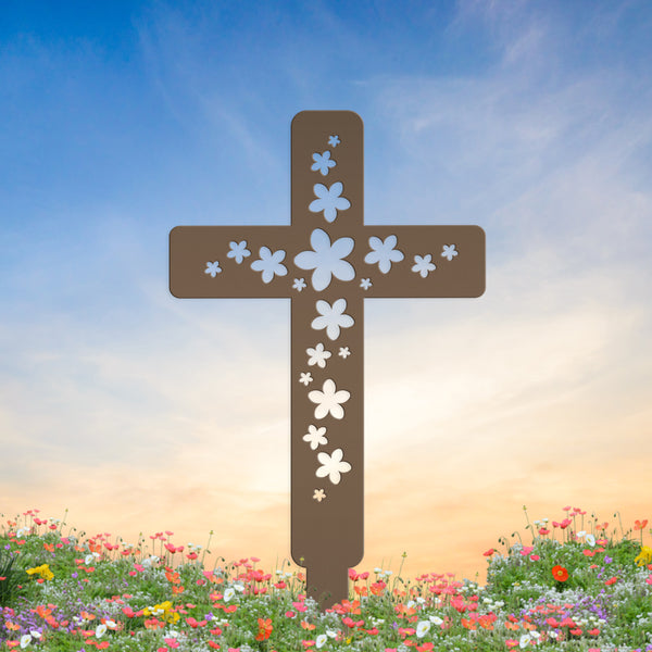 Flower Cross Metal Yard Stake - Christian/Easter Decor-Memorial Gift