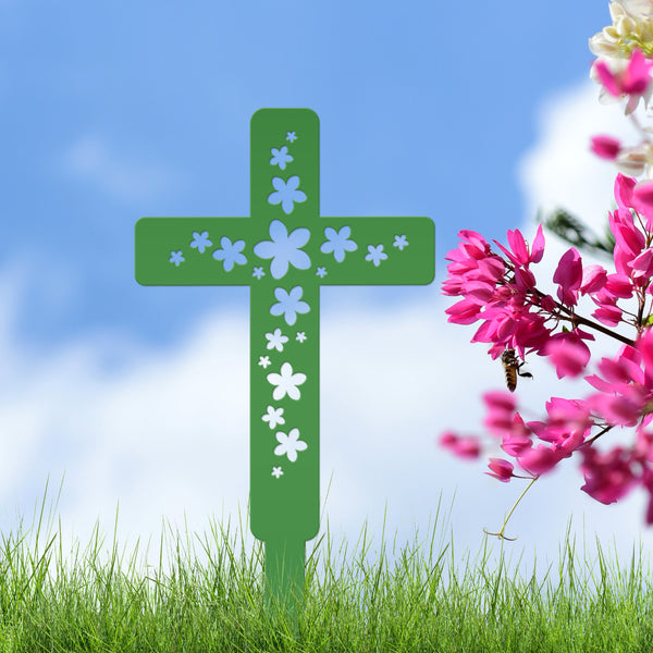 Flower Cross Metal Yard Stake - Christian/Easter Decor-Memorial Gift