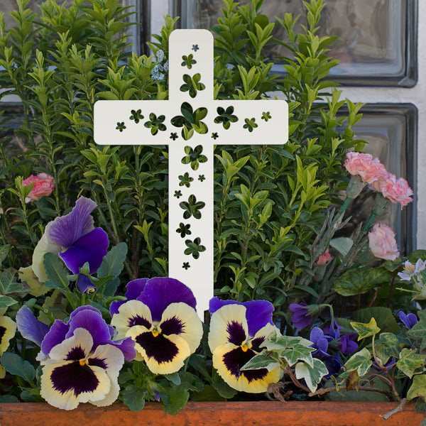 Flower Cross Metal Yard Stake - Christian/Easter Decor-Memorial Gift