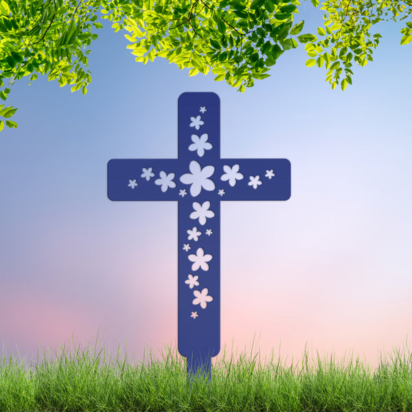 Flower Cross Metal Yard Stake - Christian/Easter Decor-Memorial Gift