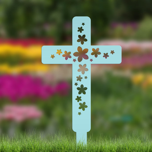 Flower Cross Metal Yard Stake - Christian/Easter Decor-Memorial Gift