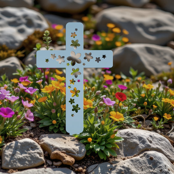 Flower Cross Metal Yard Stake - Christian/Easter Decor-Memorial Gift