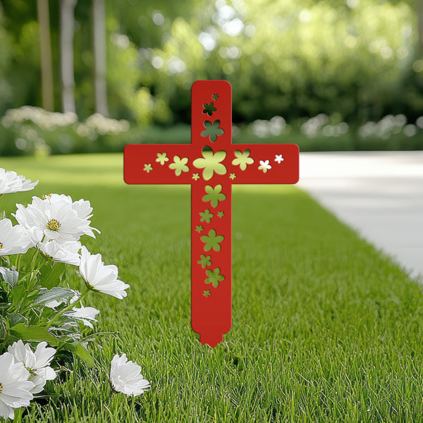 Flower Cross Metal Yard Stake - Christian/Easter Decor-Memorial Gift