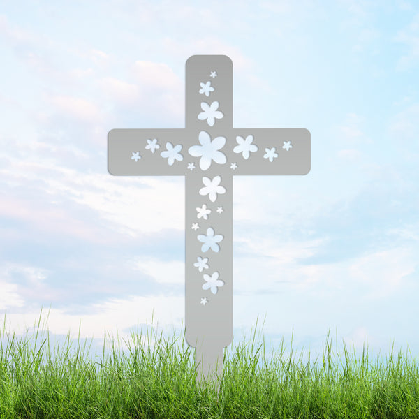 Flower Cross Metal Yard Stake - Christian/Easter Decor-Memorial Gift