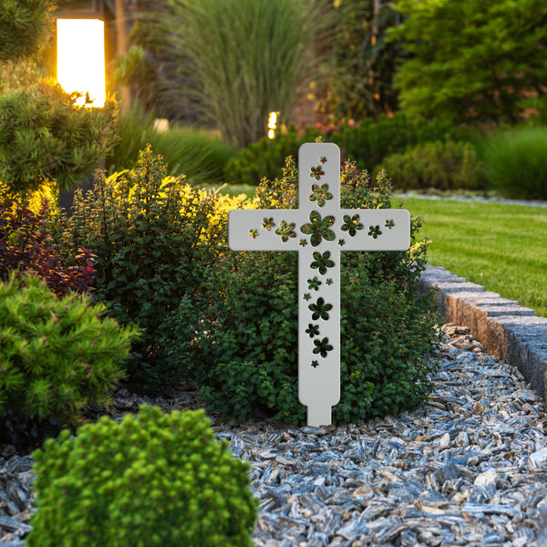 Flower Cross Metal Yard Stake - Christian/Easter Decor-Memorial Gift