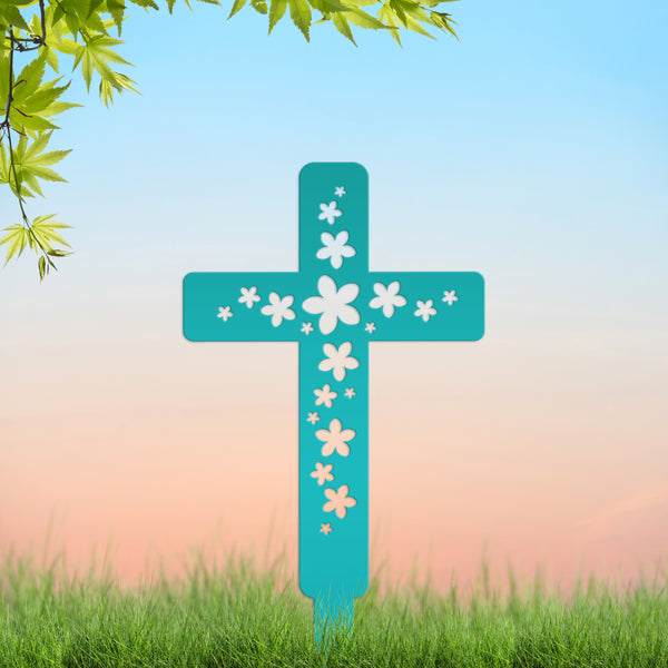 Flower Cross Metal Yard Stake - Christian/Easter Decor-Memorial Gift