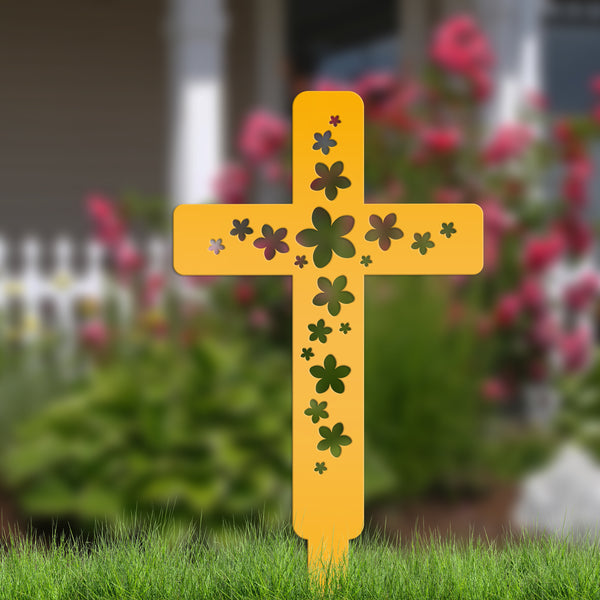 Flower Cross Metal Yard Stake - Christian/Easter Decor-Memorial Gift