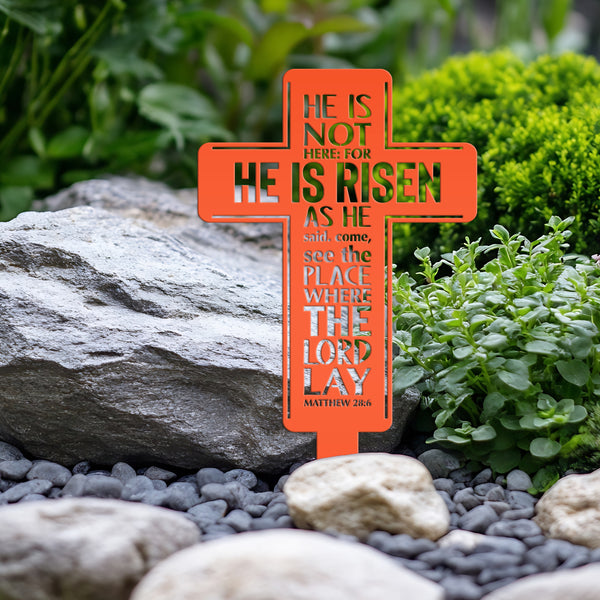 Metal Easter Cross Yard Stake - Matthew 28-Christian Easter Yard Art-Decoration-Memorial Gift-Gravesite Decor-Marker-Birthday Gift-Gift for Grandma