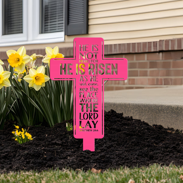 Metal Easter Cross Yard Stake - Matthew 28-Christian Easter Yard Art-Decoration-Memorial Gift-Gravesite Decor-Marker-Birthday Gift-Gift for Grandma