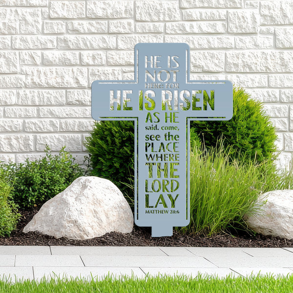 Metal Easter Cross Yard Stake - Matthew 28-Christian Easter Yard Art-Decoration-Memorial Gift-Gravesite Decor-Marker-Birthday Gift-Gift for Grandma