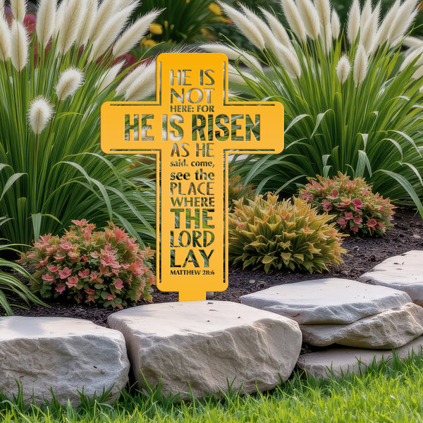 Metal Easter Cross Yard Stake - Matthew 28-Christian Easter Yard Art-Decoration-Memorial Gift-Gravesite Decor-Marker-Birthday Gift-Gift for Grandma