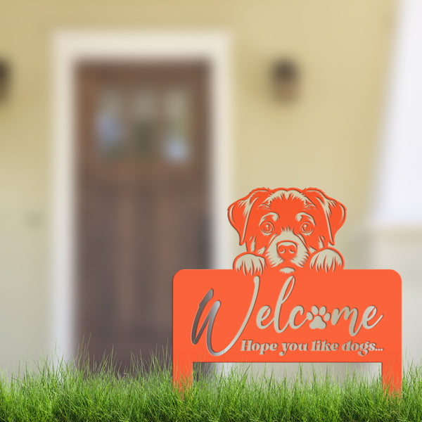 Whimsical Dog Welcome Yard Stake - Add Charm to Your Garden - Welcoming Lawn Ornament - Cute Puppy Metal Sign Art - Perfect Dog Lovers Gift