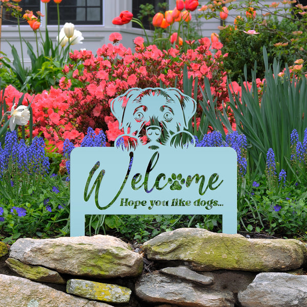 Whimsical Dog Welcome Yard Stake - Add Charm to Your Garden - Welcoming Lawn Ornament - Cute Puppy Metal Sign Art - Perfect Dog Lovers Gift