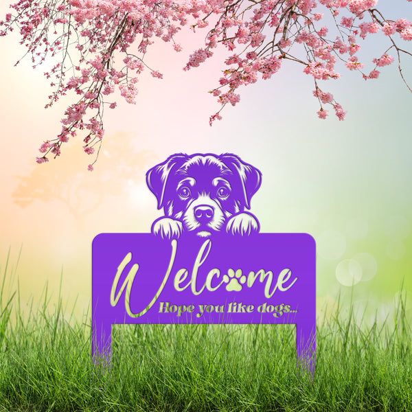 Whimsical Dog Welcome Yard Stake - Add Charm to Your Garden - Welcoming Lawn Ornament - Cute Puppy Metal Sign Art - Perfect Dog Lovers Gift
