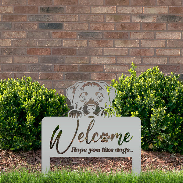Whimsical Dog Welcome Yard Stake - Add Charm to Your Garden - Welcoming Lawn Ornament - Cute Puppy Metal Sign Art - Perfect Dog Lovers Gift