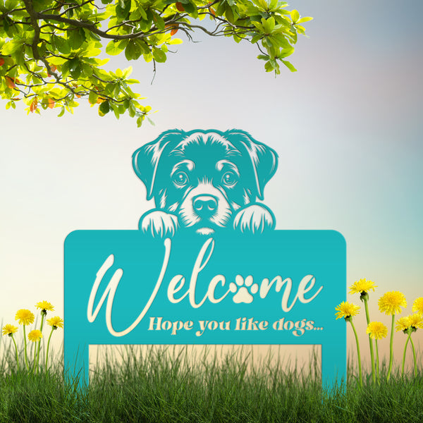 Whimsical Dog Welcome Yard Stake - Add Charm to Your Garden - Welcoming Lawn Ornament - Cute Puppy Metal Sign Art - Perfect Dog Lovers Gift