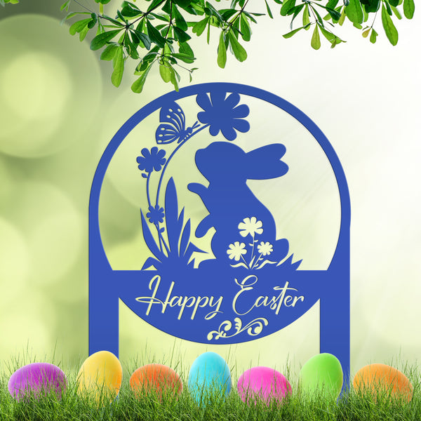 Happy Easter Metal Yard Stake - Easter Bunny Sign With Flowers Yard Sign