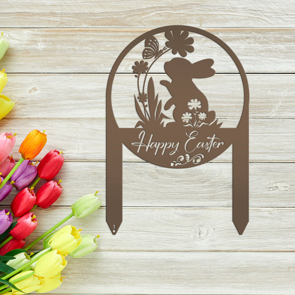 Happy Easter Metal Yard Stake - Easter Bunny Sign With Flowers Yard Sign