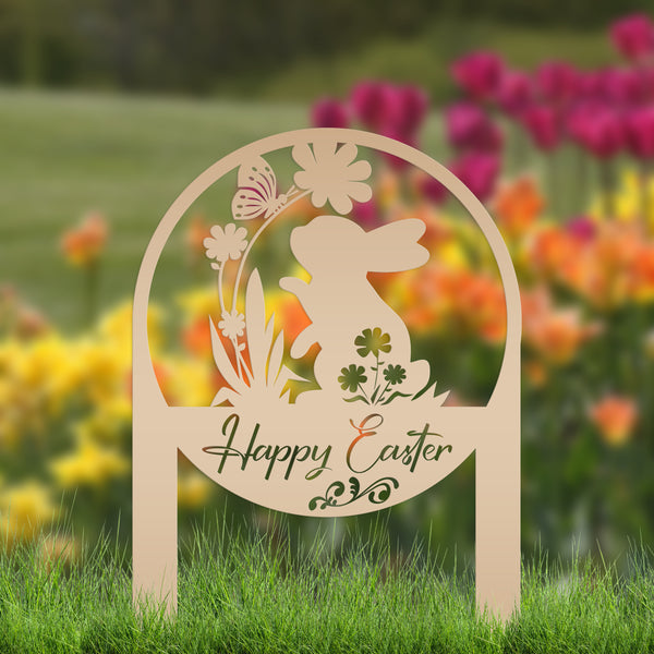 Happy Easter Metal Yard Stake - Easter Bunny Sign With Flowers Yard Sign