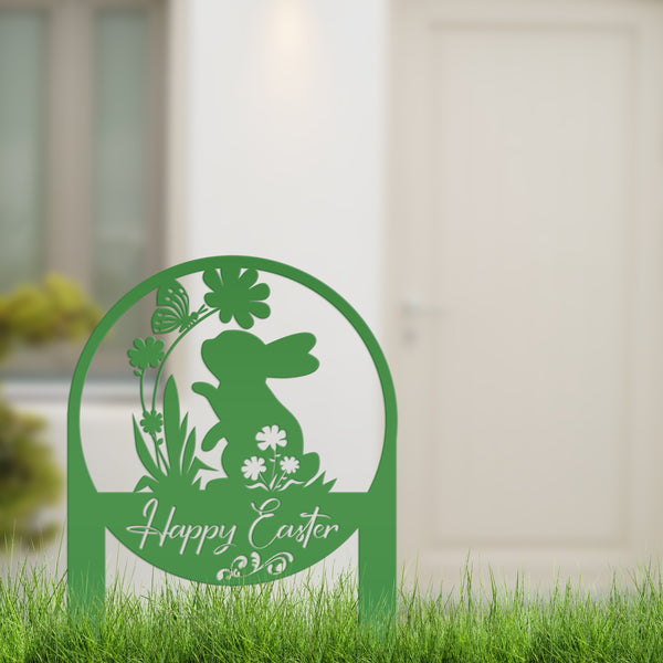 Happy Easter Metal Yard Stake - Easter Bunny Sign With Flowers Yard Sign