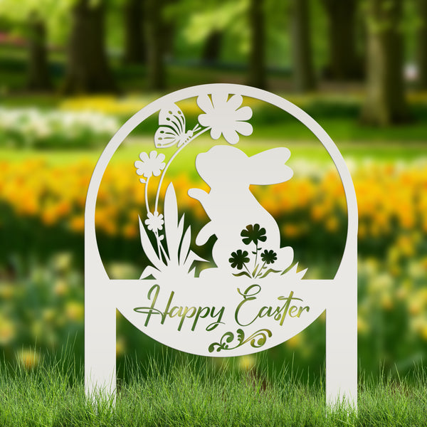 Happy Easter Metal Yard Stake - Easter Bunny Sign With Flowers Yard Sign