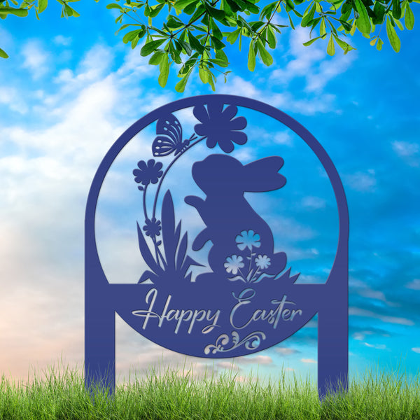 Happy Easter Metal Yard Stake - Easter Bunny Sign With Flowers Yard Sign