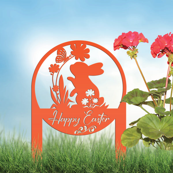 Happy Easter Metal Yard Stake - Easter Bunny Sign With Flowers Yard Sign