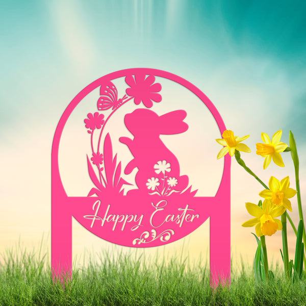 Happy Easter Metal Yard Stake - Easter Bunny Sign With Flowers Yard Sign