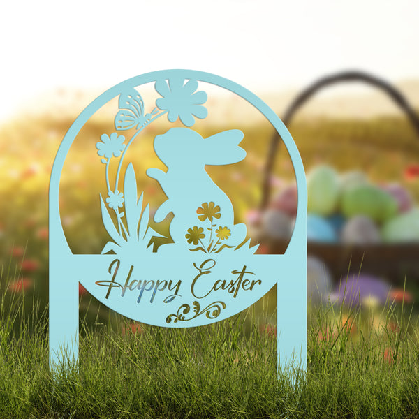 Happy Easter Metal Yard Stake - Easter Bunny Sign With Flowers Yard Sign