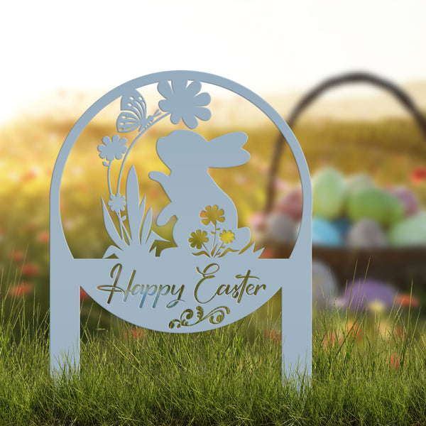Happy Easter Metal Yard Stake - Easter Bunny Sign With Flowers Yard Sign