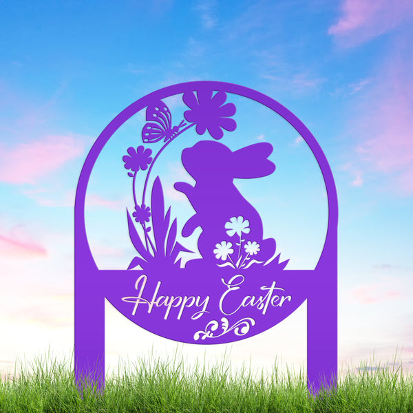 Happy Easter Metal Yard Stake - Easter Bunny Sign With Flowers Yard Sign