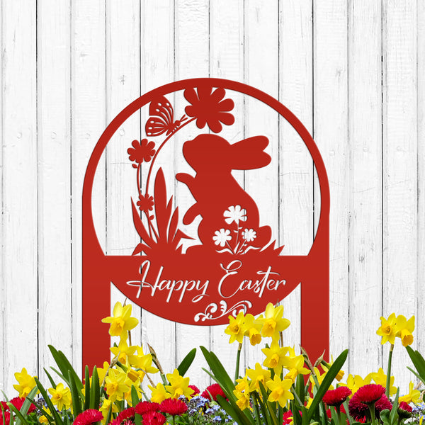 Happy Easter Metal Yard Stake - Easter Bunny Sign With Flowers Yard Sign