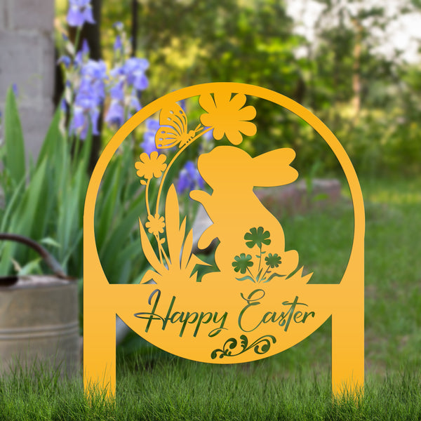 Happy Easter Metal Yard Stake - Easter Bunny Sign With Flowers Yard Sign