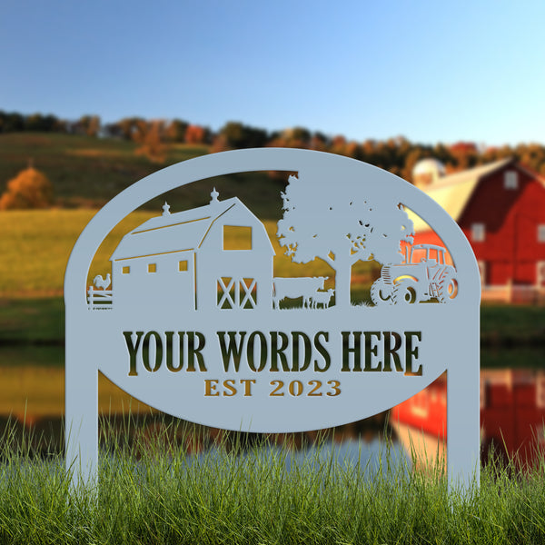 Custom Farm Sign Metal Outdoor Yard Stake with Tractor Scene, Front Flower Bed Decor, Address Plaque With Barn and Chickens, Home Decor with Cows
