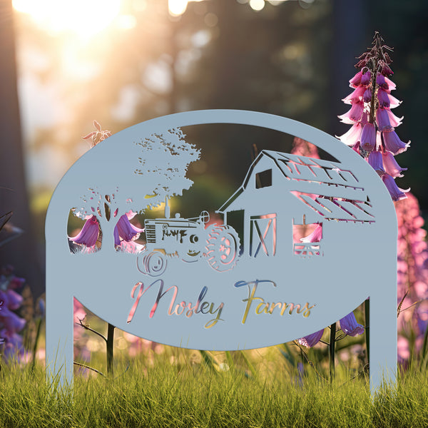 Custom Metal Farm Sign Customizable with Rustic Tractor and Barn with Yard Stakes, Outdoor Personalized Family Name Lawn Decoration, Address Marker