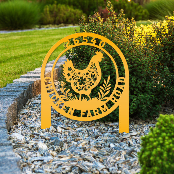 Chicken Coop Metal Address Yard Stake - Personalized Farm Sign - Cute Floral Chicken Home Decor - Farmhouse Lawn Display - Garden Decoration