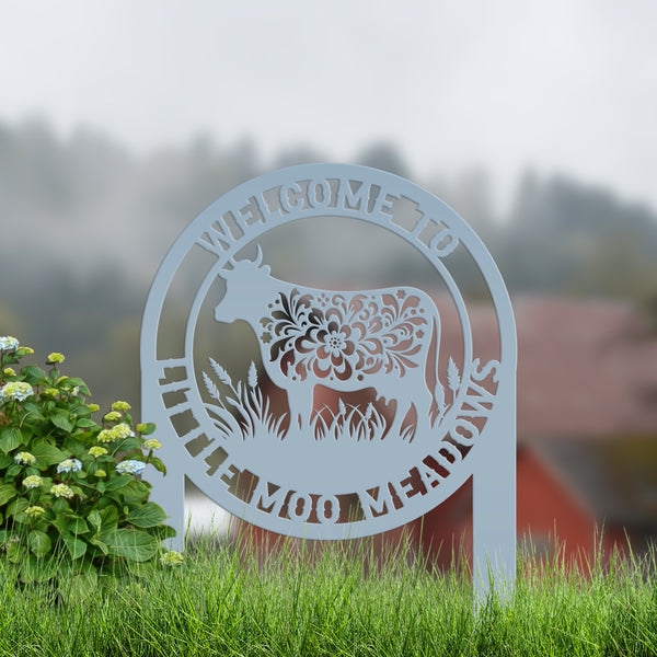 Rustic Floral Cow Yard Art - Personalized Metal Stake - Flower Farm Animal Sign - Unique Farmhouse Decor - Custom Lawn Stakes - Gift for Her