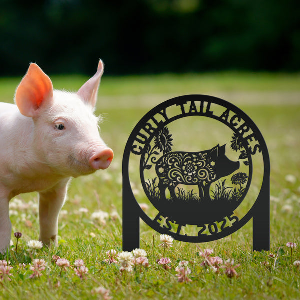 Custom Floral Pig Metal Outdoor Yard Stake - Farmhouse Style Decor Sign - Farm Animal Lawn Art - Cute Garden Decoration - Personalized Gift