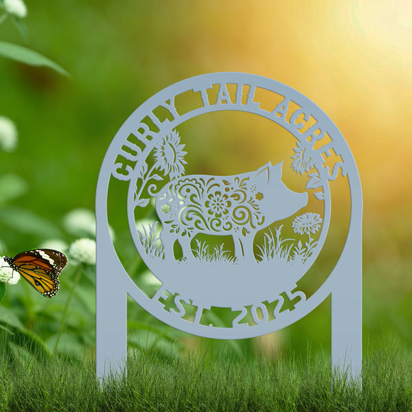 Custom Floral Pig Metal Outdoor Yard Stake - Farmhouse Style Decor Sign - Farm Animal Lawn Art - Cute Garden Decoration - Personalized Gift