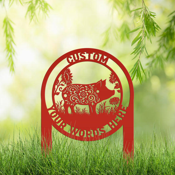 Custom Floral Pig Metal Outdoor Yard Stake - Farmhouse Style Decor Sign - Farm Animal Lawn Art - Cute Garden Decoration - Personalized Gift