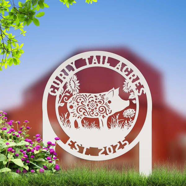 Custom Floral Pig Metal Outdoor Yard Stake - Farmhouse Style Decor Sign - Farm Animal Lawn Art - Cute Garden Decoration - Personalized Gift