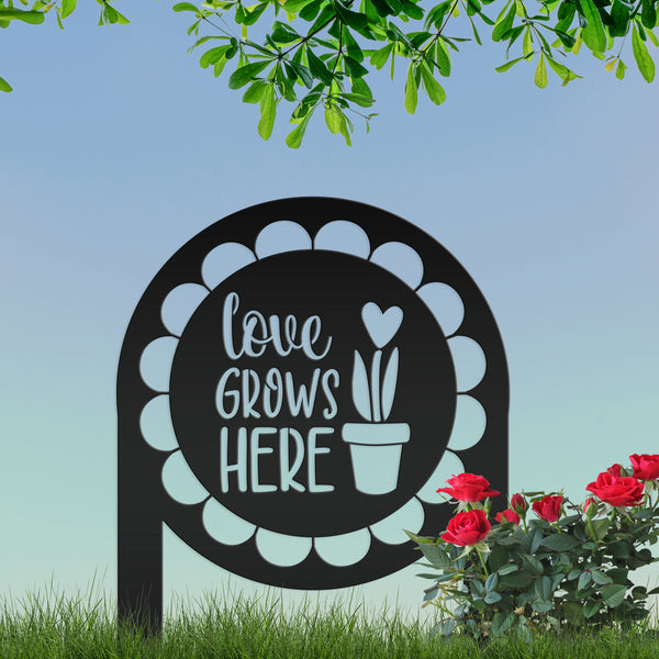 Love Grows Here Metal Yard Stake - Garden Decor