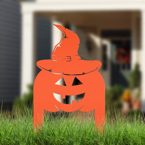 Pumpkin with Witch Hat Metal Yard Stake - Halloween Decor