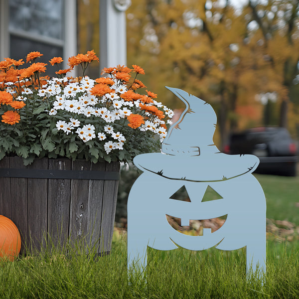 Pumpkin with Witch Hat Metal Yard Stake - Halloween Decor