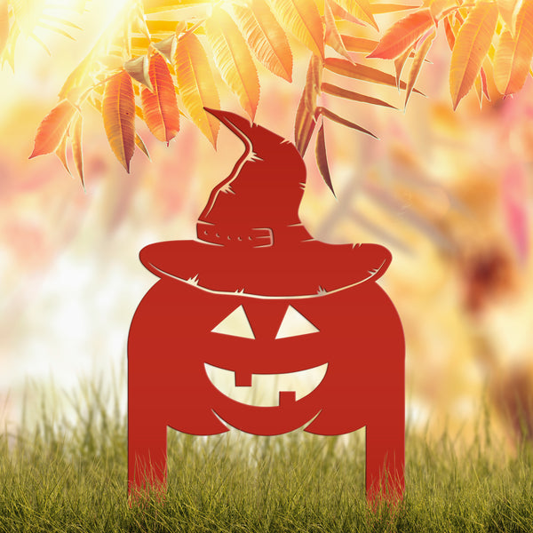 Pumpkin with Witch Hat Metal Yard Stake - Halloween Decor