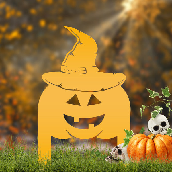 Pumpkin with Witch Hat Metal Yard Stake - Halloween Decor