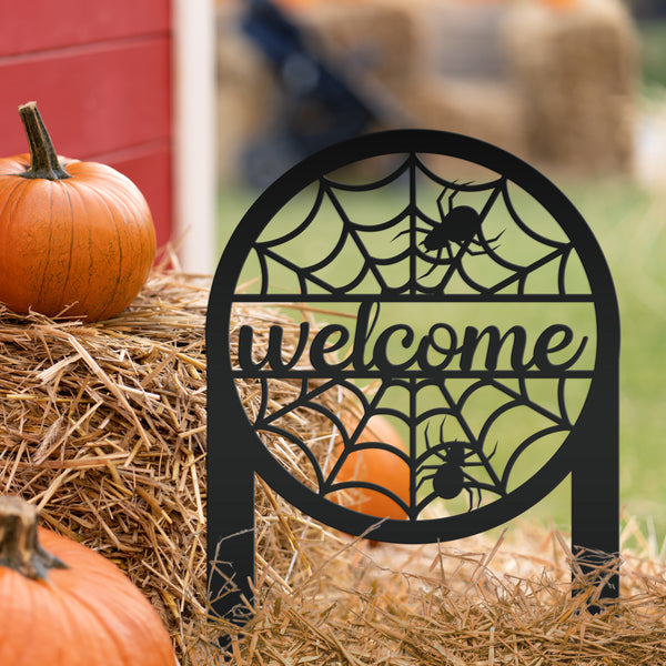 Spiderweb Welcome Metal Yard Sign, Spider Web Yard Lawn Decor, Halloween Spiderweb Yard Decor, Front Lawn Spiderweb Welcome Yard Stake, Spooky Spiderweb Lawn Ornaments