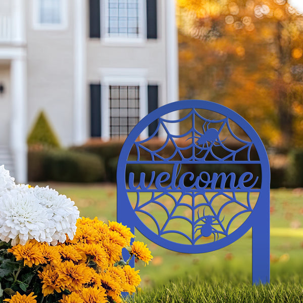 Spiderweb Welcome Metal Yard Sign, Spider Web Yard Lawn Decor, Halloween Spiderweb Yard Decor, Front Lawn Spiderweb Welcome Yard Stake, Spooky Spiderweb Lawn Ornaments
