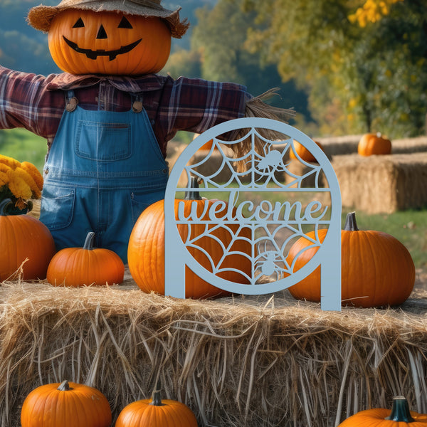 Spiderweb Welcome Metal Yard Sign, Spider Web Yard Lawn Decor, Halloween Spiderweb Yard Decor, Front Lawn Spiderweb Welcome Yard Stake, Spooky Spiderweb Lawn Ornaments