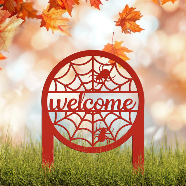 Spiderweb Welcome Metal Yard Sign, Spider Web Yard Lawn Decor, Halloween Spiderweb Yard Decor, Front Lawn Spiderweb Welcome Yard Stake, Spooky Spiderweb Lawn Ornaments
